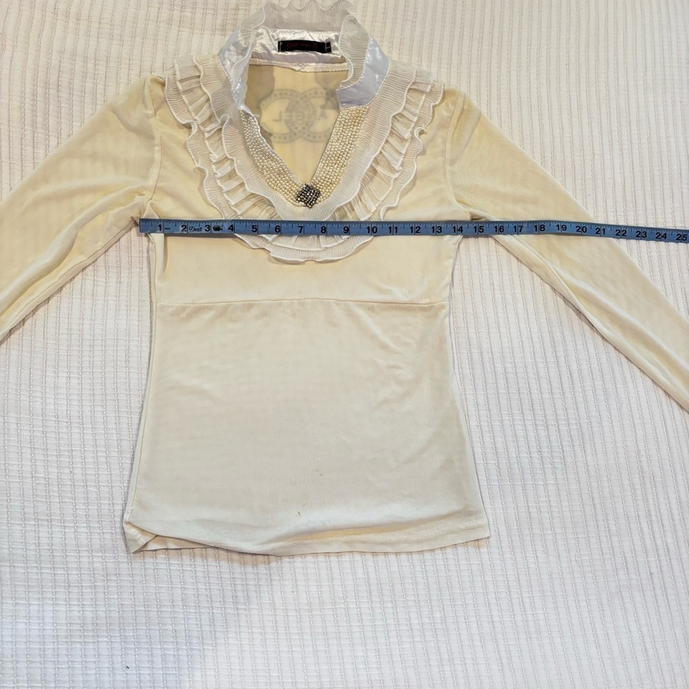 Euro Qian Wan Zi CC Angel Cream Micro Mesh Pearl Gems & Ruffle Long Sleeve L - Picture 12 of 13